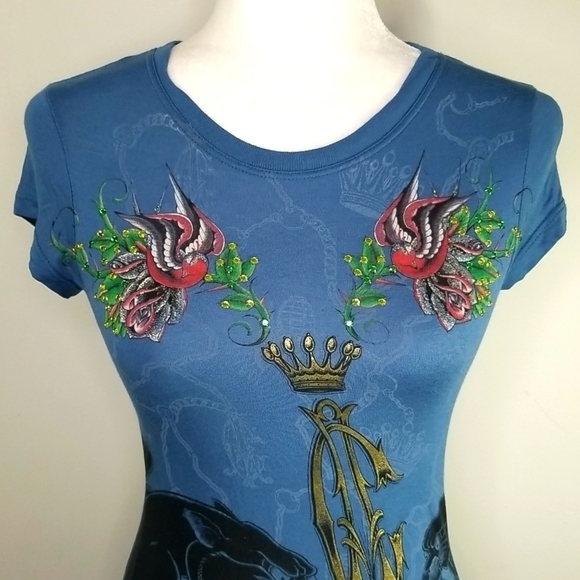 Christian Audigier Women's Black Panther and Bird of Paradise T-Shirt Size M - Picture 2 of 8